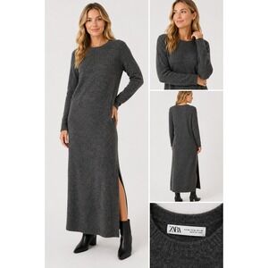 Zara Maxi Sweater Dress Womens M Charcoal Gray Knit Side‎ Slit Cozy Lounge